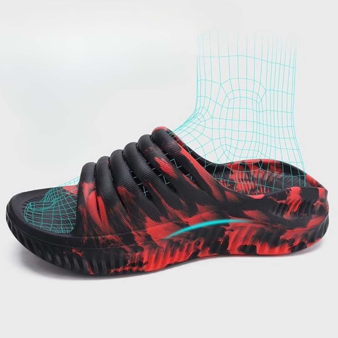 Sandales Sport de Récupération avec Semelle Orthopédique Épaisse | Camo Noir Rouge